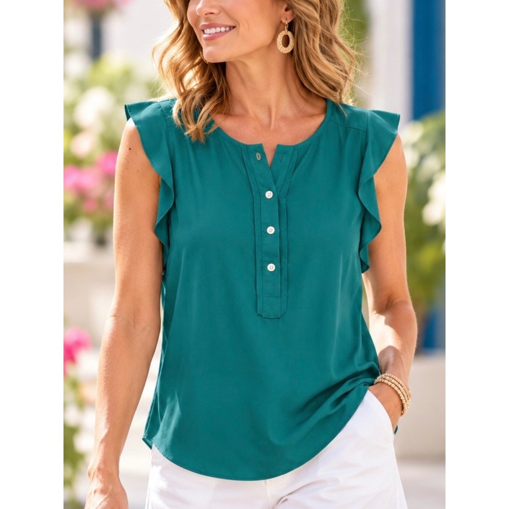 LOFT Teal Green Ruffle Henley Blouse Medium Sleeveless Top Business Casual
